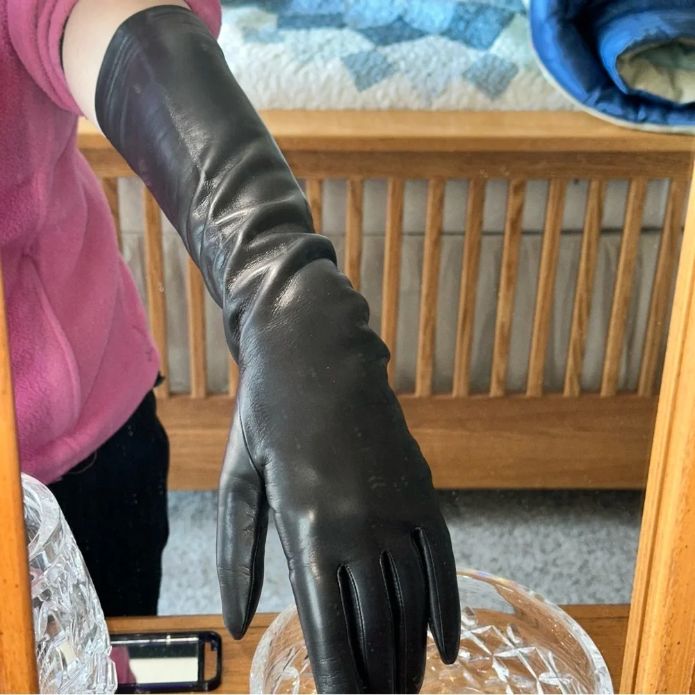 NWT Antonella Ferrante LEATHER GLOVES 16BT OPERA LENGTH LINED 100% SILK